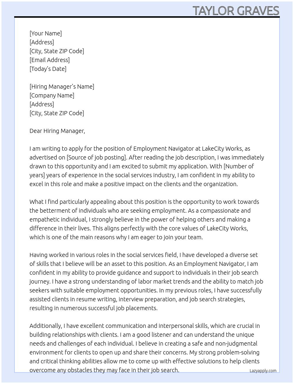 Employment Navigator At LakeCity Works Cover Letter