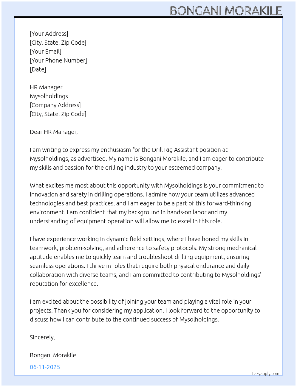 Drill Rig assistant At Mysolholdings Cover Letter