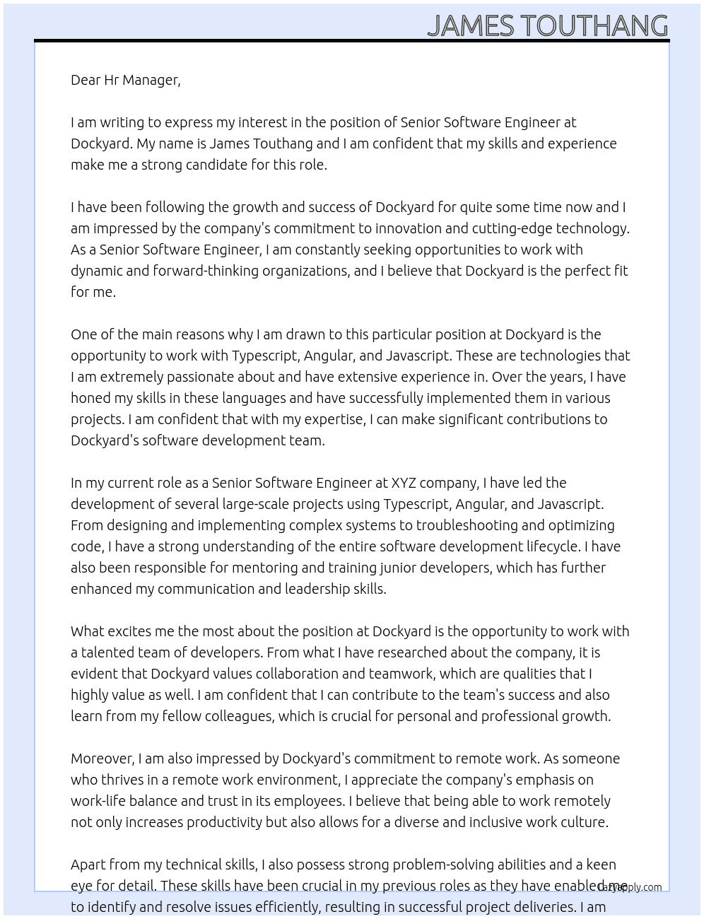 Senior Software Engineer At Dockyard Cover Letter