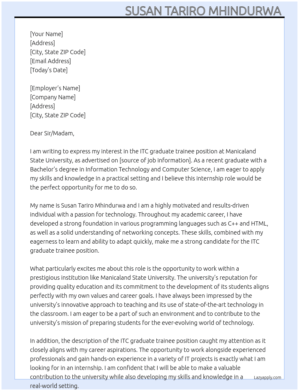 ITC graduate trainee  At Manicaland State University  Cover Letter