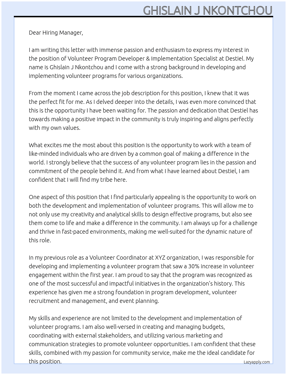 Volunteer Program Developer & implementation Specialist At Destiel Cover Letter