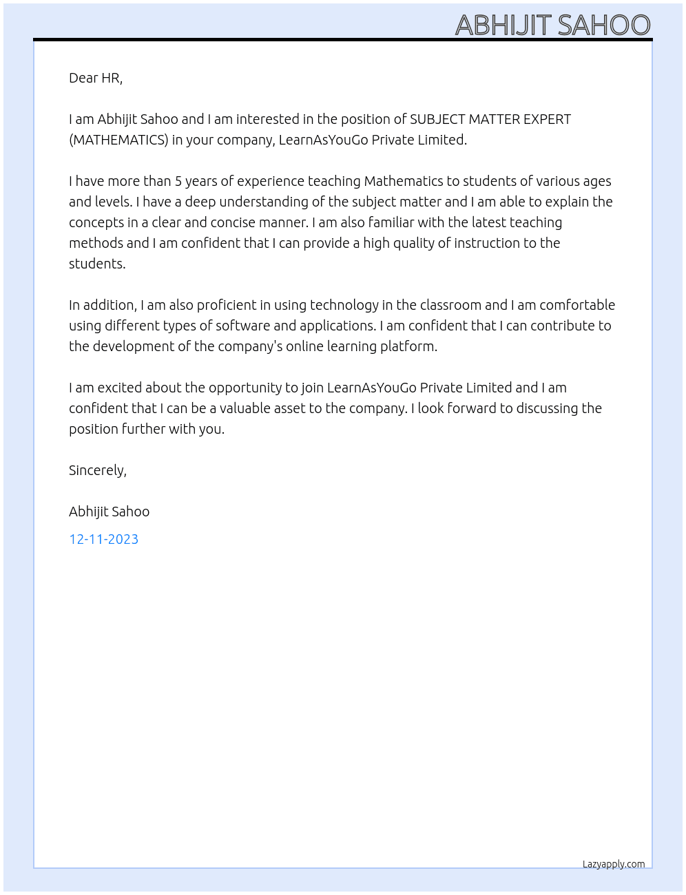 SUBJECT MATTER EXPERT (MATHEMATICS) At LearnAsYouGo Private Limited Cover Letter