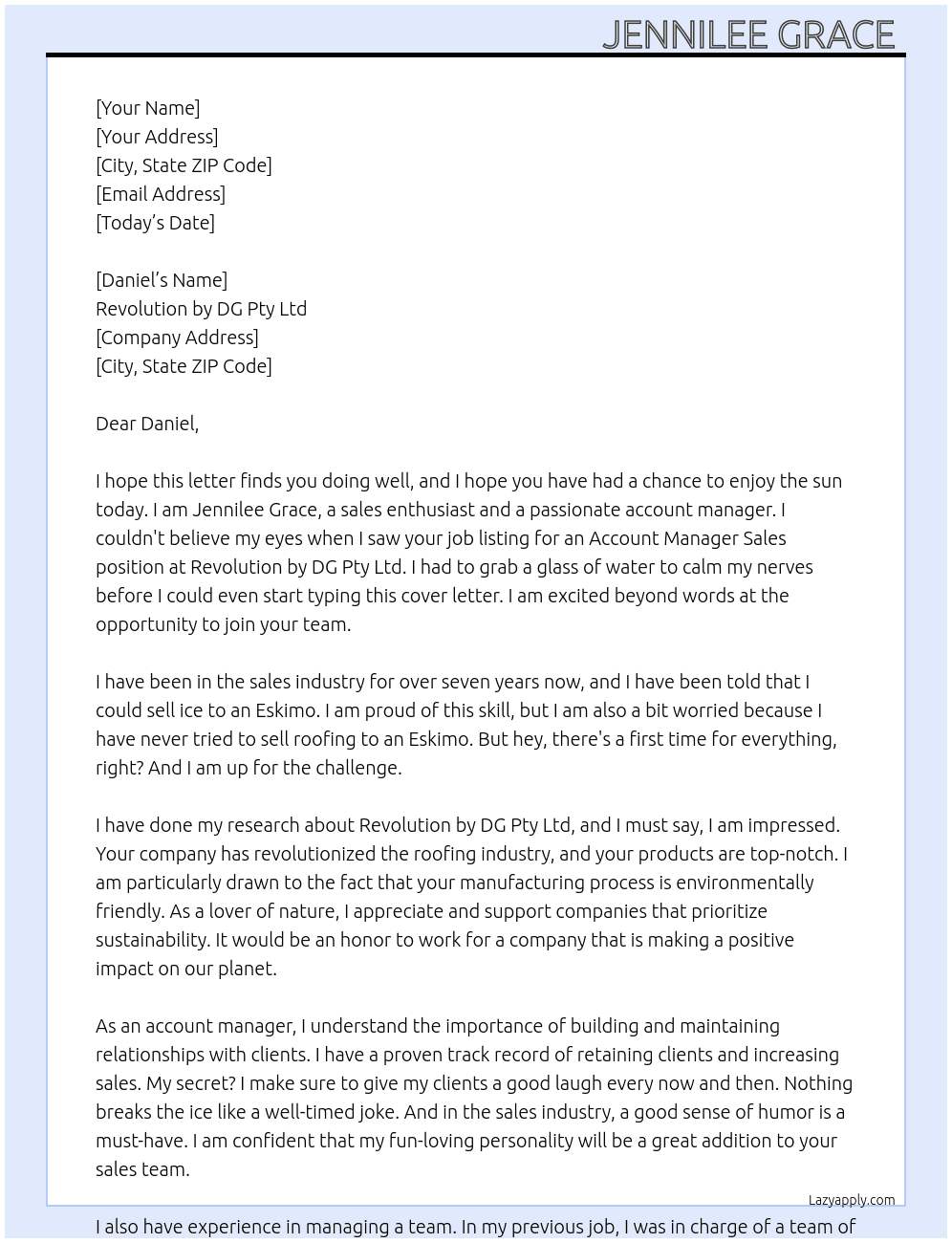Account Manager Sales (Manufacturing Roofing) At Revolution by DG Pty Ltd Cover Letter