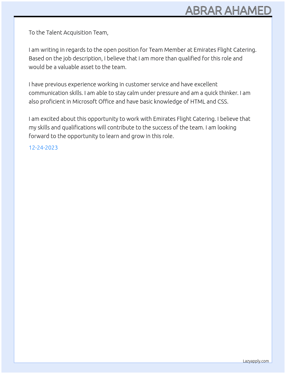 Team Member  At Emirates Flight Catering  Cover Letter