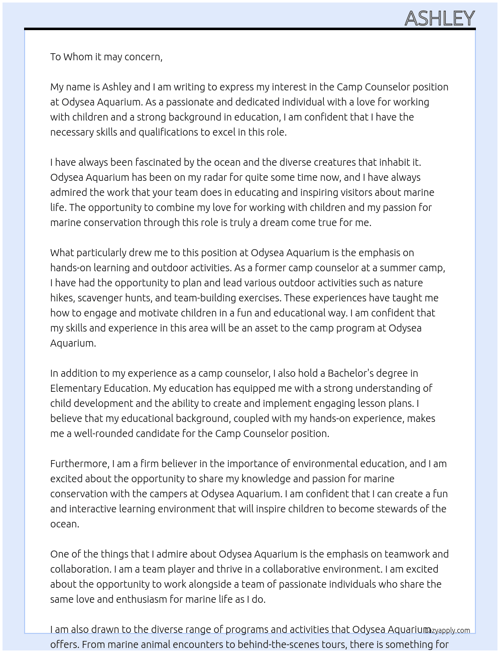 Camp Counselor  At Odysea Aquarium Cover Letter