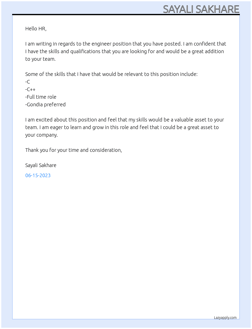any engineer position At info origin Cover Letter