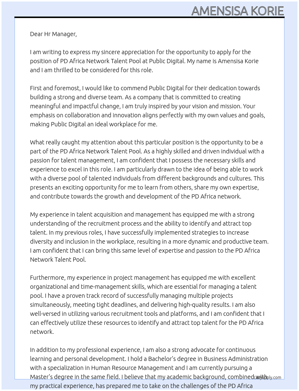 PD Africa network talent pool At Public Digital Cover Letter
