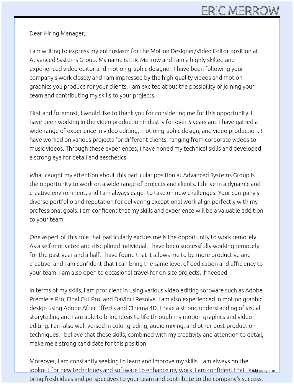Motion Designer/Video Editor At Advanced Systems Group Cover Letter