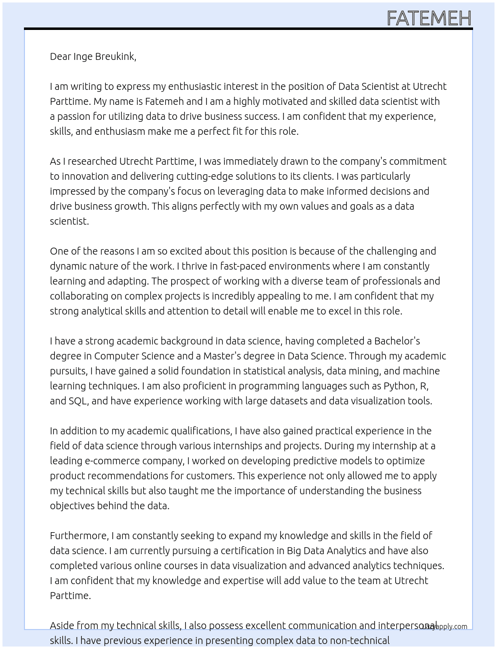 data scientist At Utrecht Parttime Cover Letter