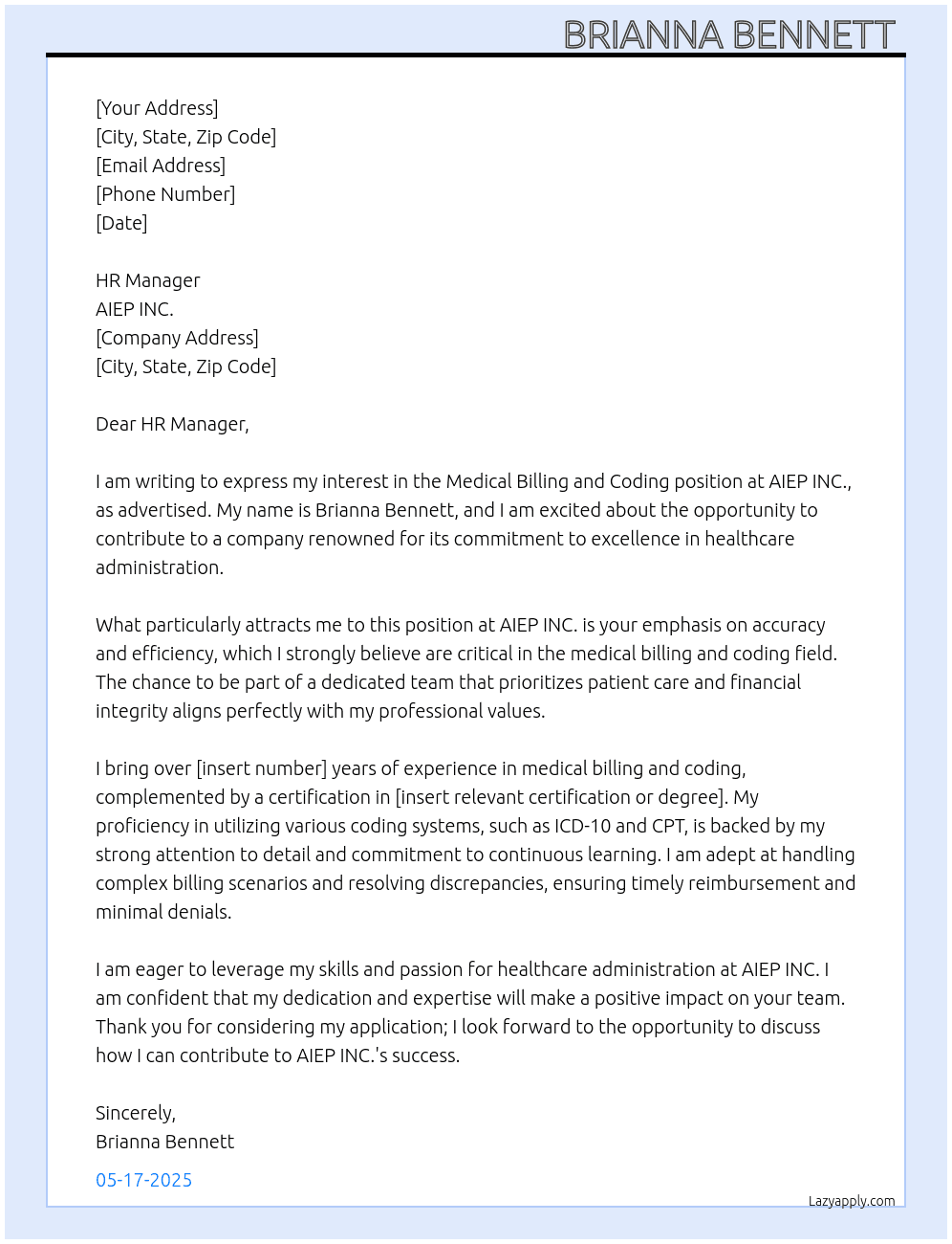 Medical billing and coding  At AIEP INC. Cover Letter
