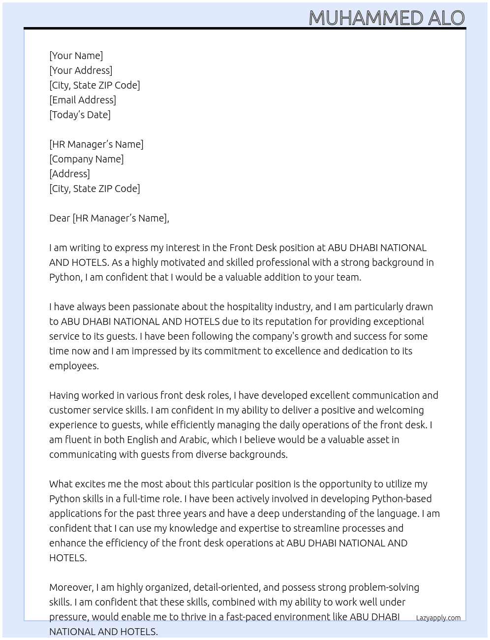 Fornt desk  At ABU DHABI NATIONAL AND HOTELS Cover Letter