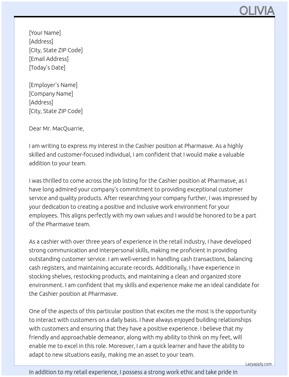 Cashier  At Pharmasve  Cover Letter