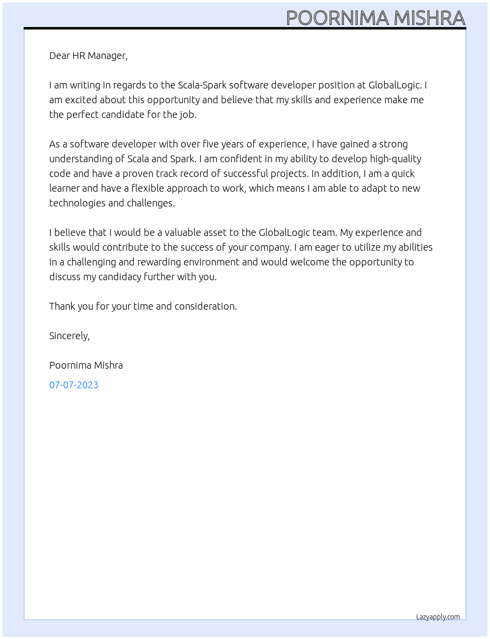 Scala-Spark software developer At GlobalLogic Cover Letter
