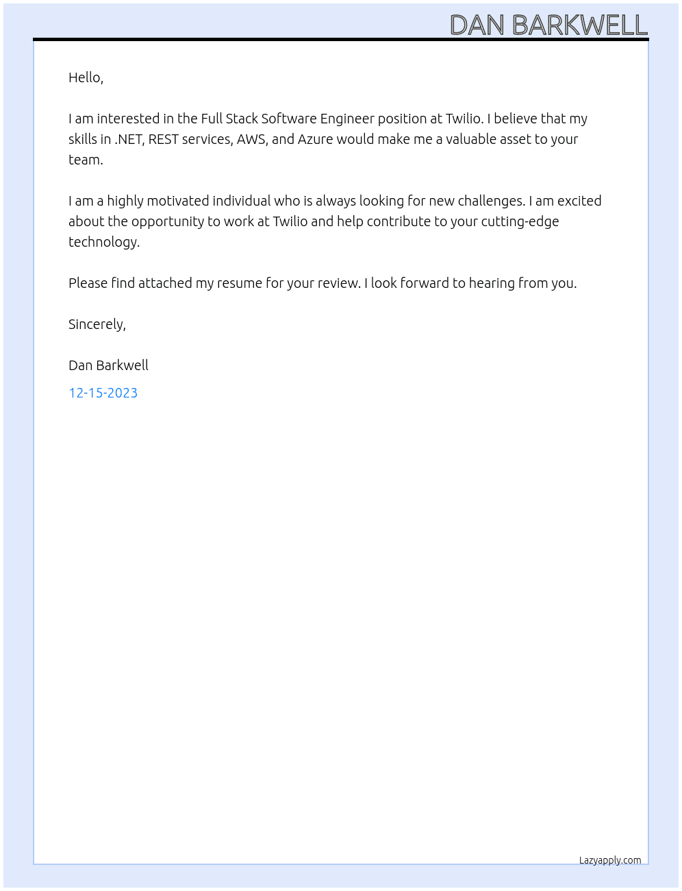 Full Stack Software Engineer At Twilio Cover Letter