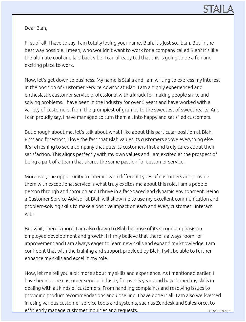 Customer service advisor  At Blah  Cover Letter