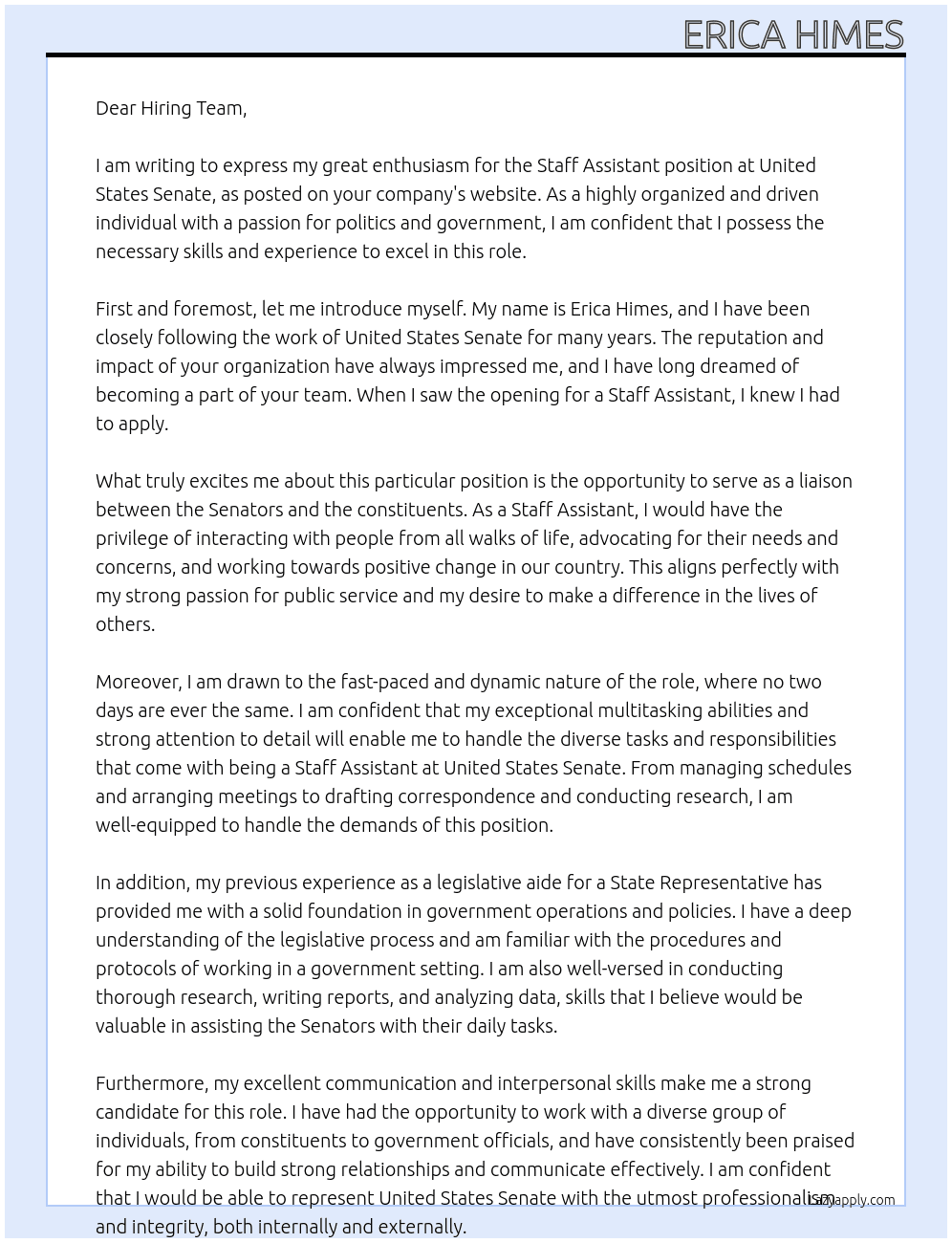 Staff Assistant At United States Senate Cover Letter