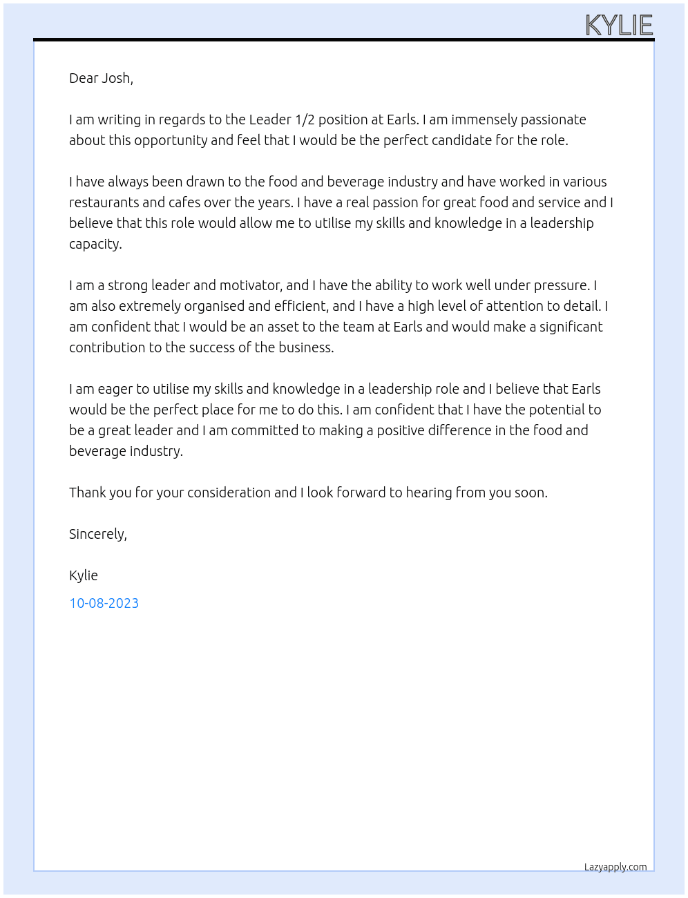 Leader 1/2 At Earls  Cover Letter