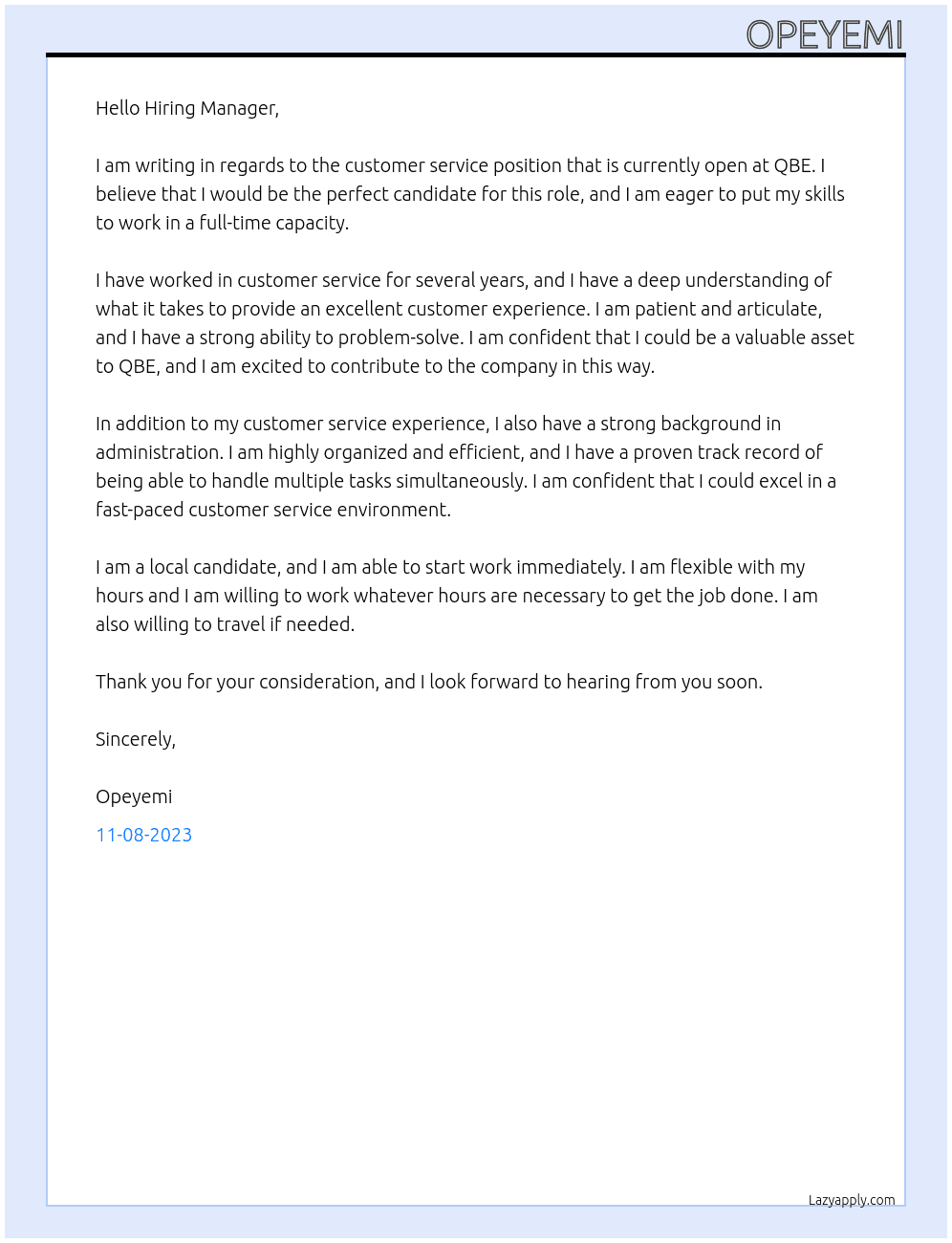 customer service  At QBE Cover Letter