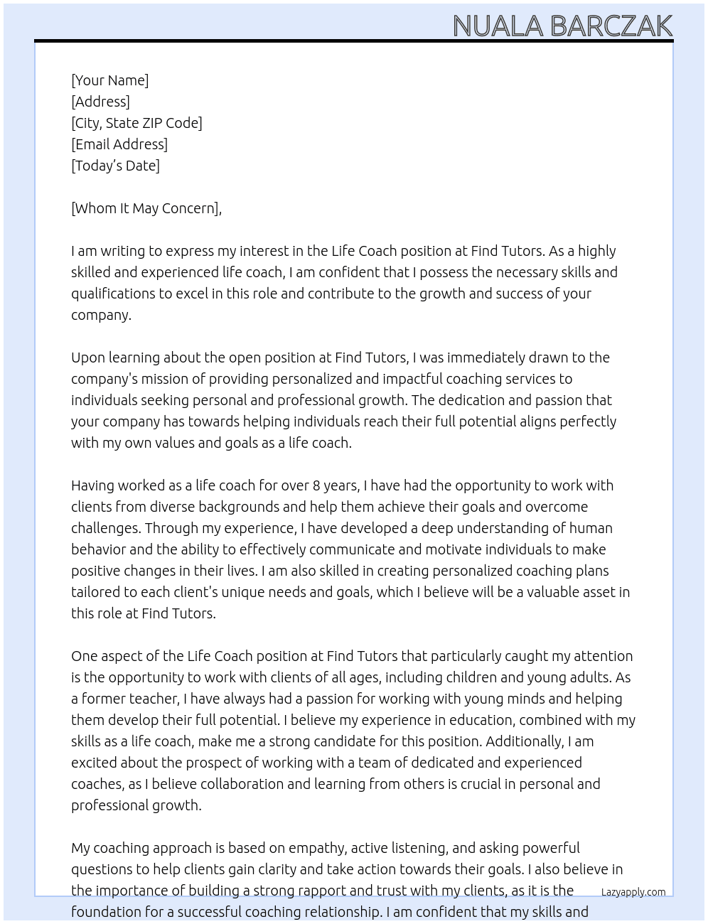 Life Coach At Find Tutors Cover Letter