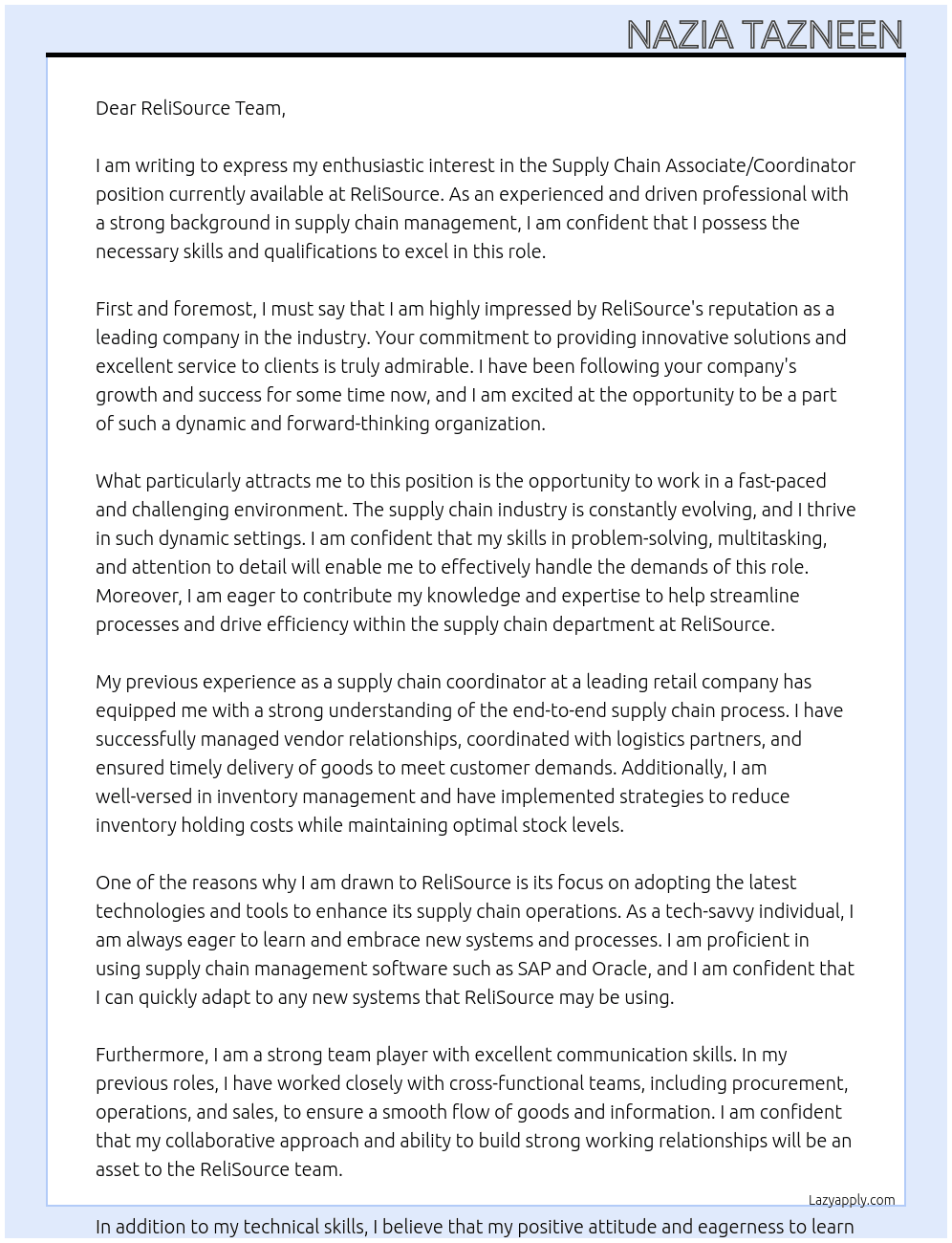 Supply Chain Associate/Coordinator At ReliSource Cover Letter