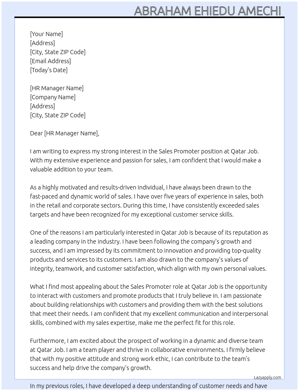 Sales Promoter  At Qatar job  Cover Letter