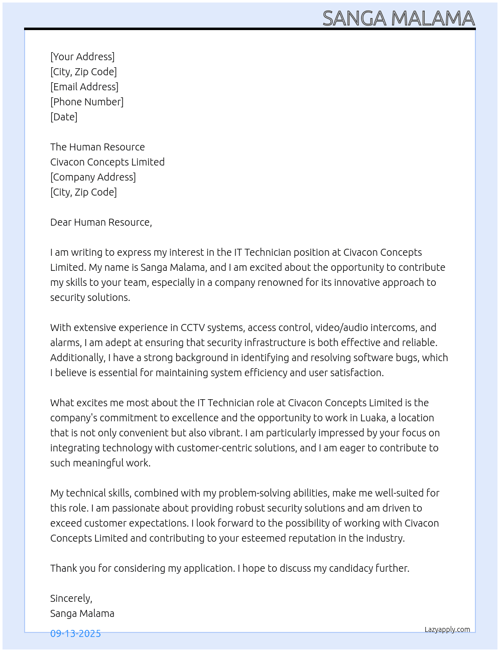 IT Technicians At Civacon Concepts Limited Cover Letter