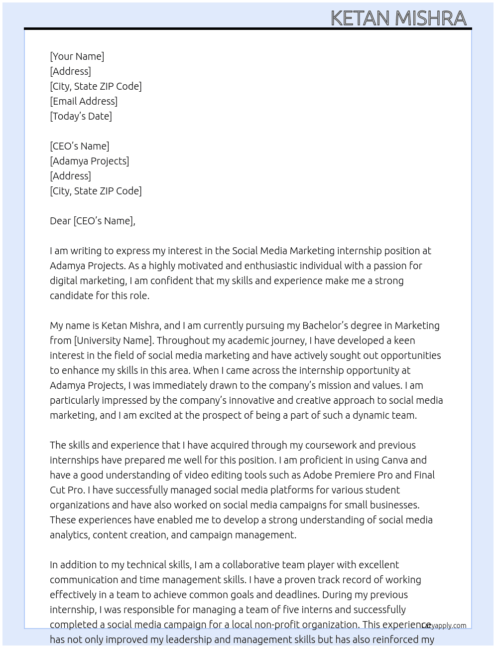 Social Media Marketing internship  At Adamya projects  Cover Letter