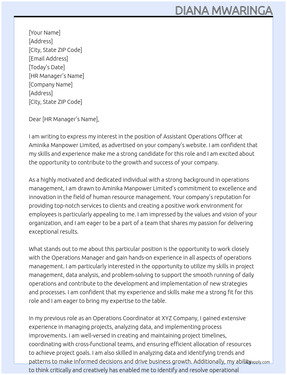 Assistant Operations Officer At Aminika Manpower Limited Cover Letter