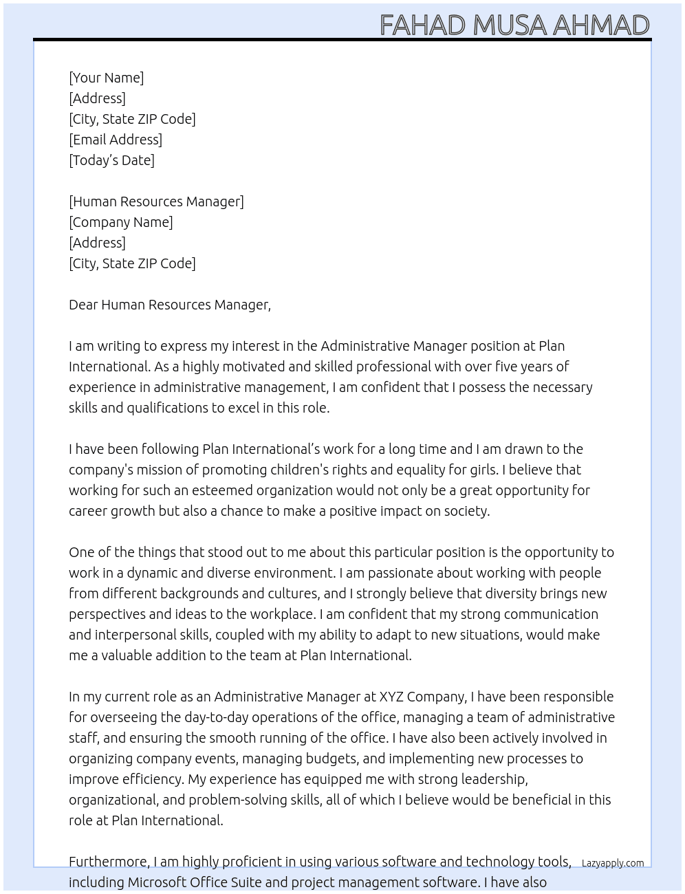 Administrative Manager At Plan International Cover Letter