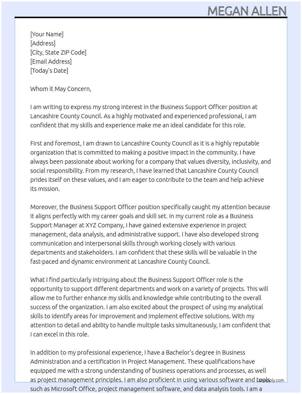 Business Support Officer At Lancashire County Council  Cover Letter
