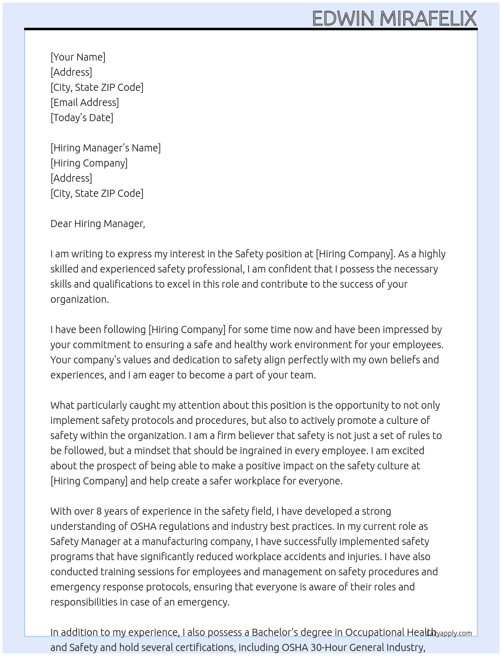 Safety At Hiring Company Cover Letter