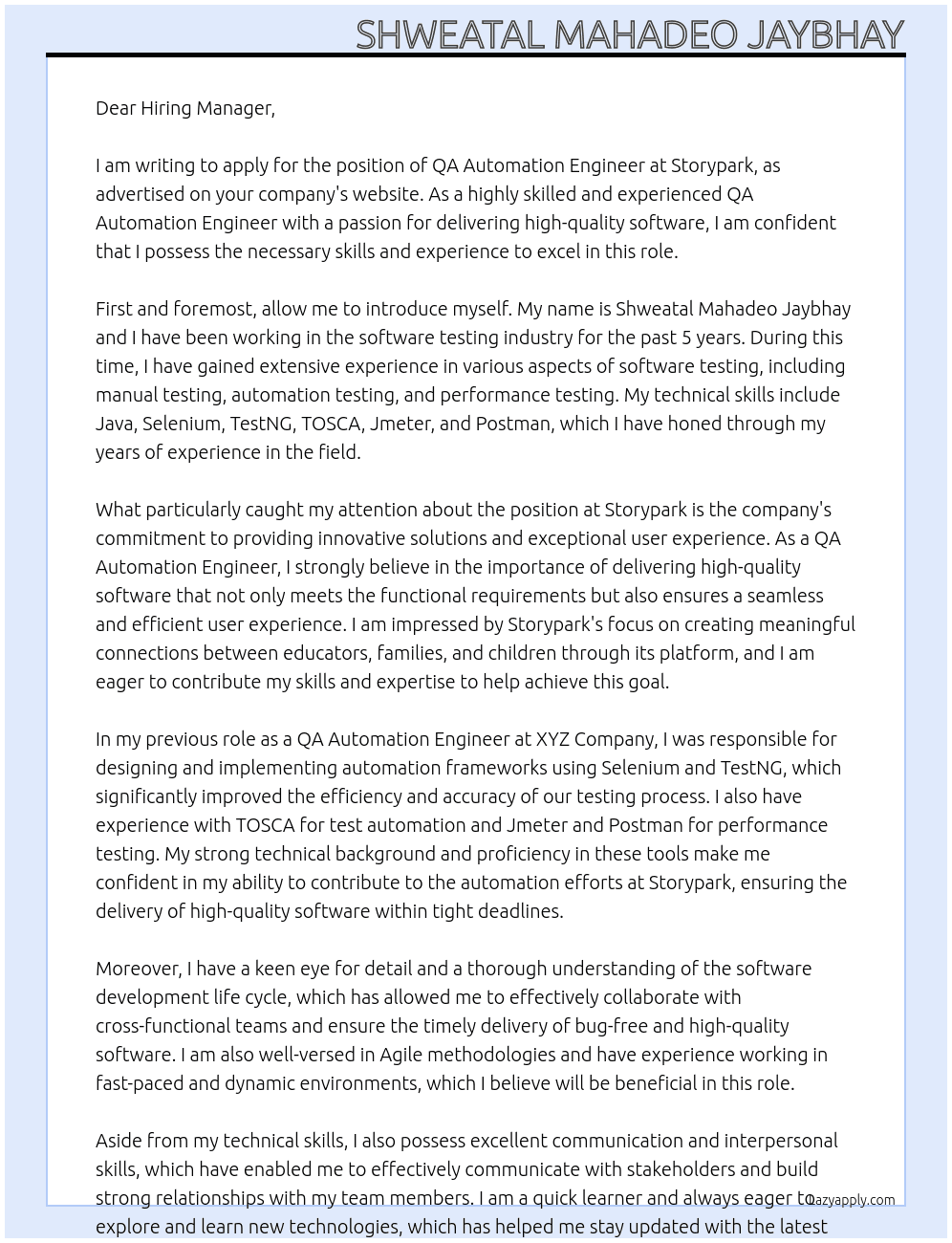 QA Automation Engineer At Storypark Cover Letter