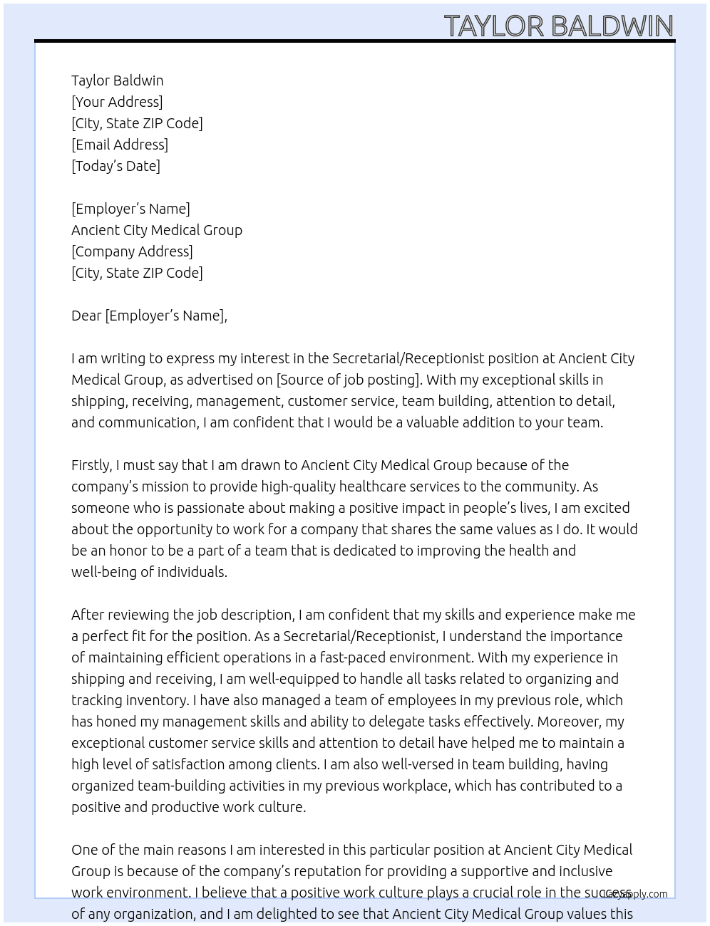 Secretarial/Receptionist At Ancient City Medical Group Cover Letter