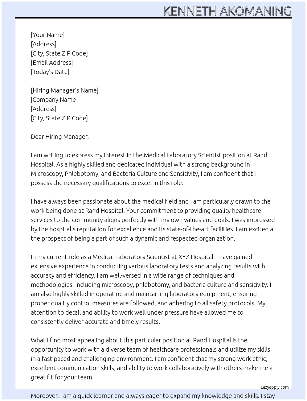 Medical laboratory scientist  At Rand Hospital Cover Letter