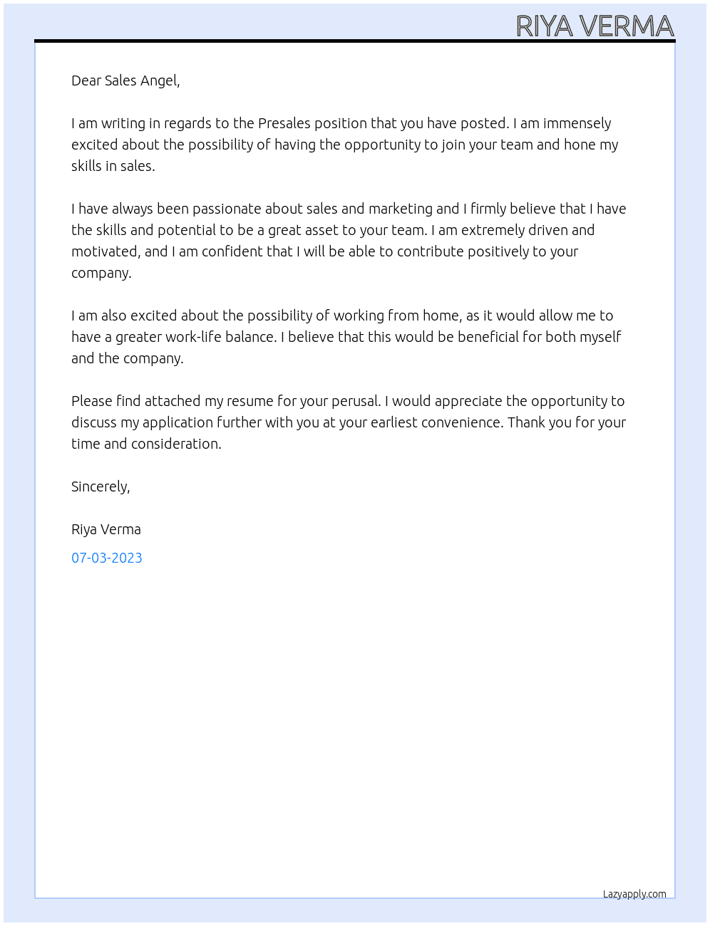 Presales At Sales Angel Cover Letter
