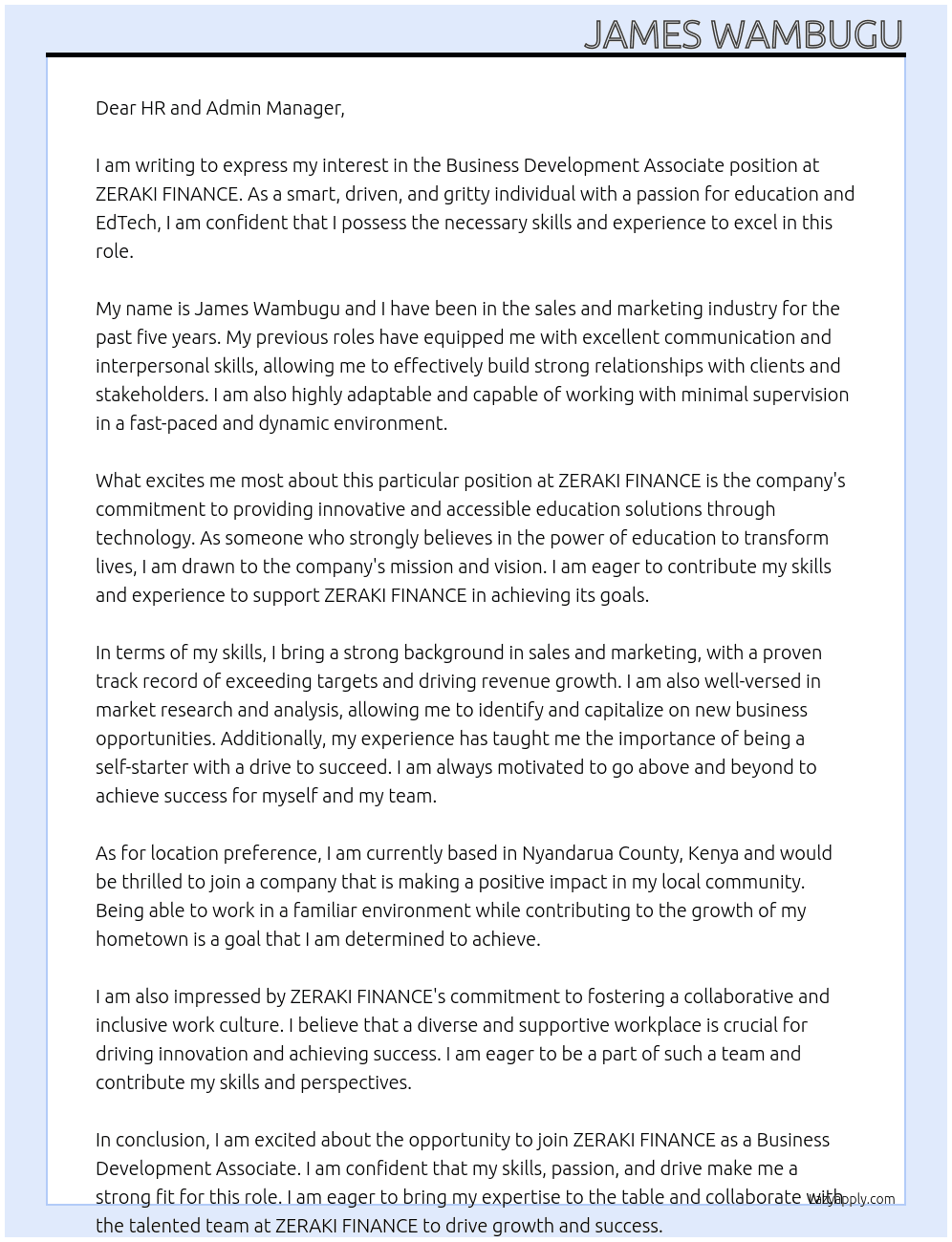 Business Development Associate At ZERAKI FINANCE Cover Letter