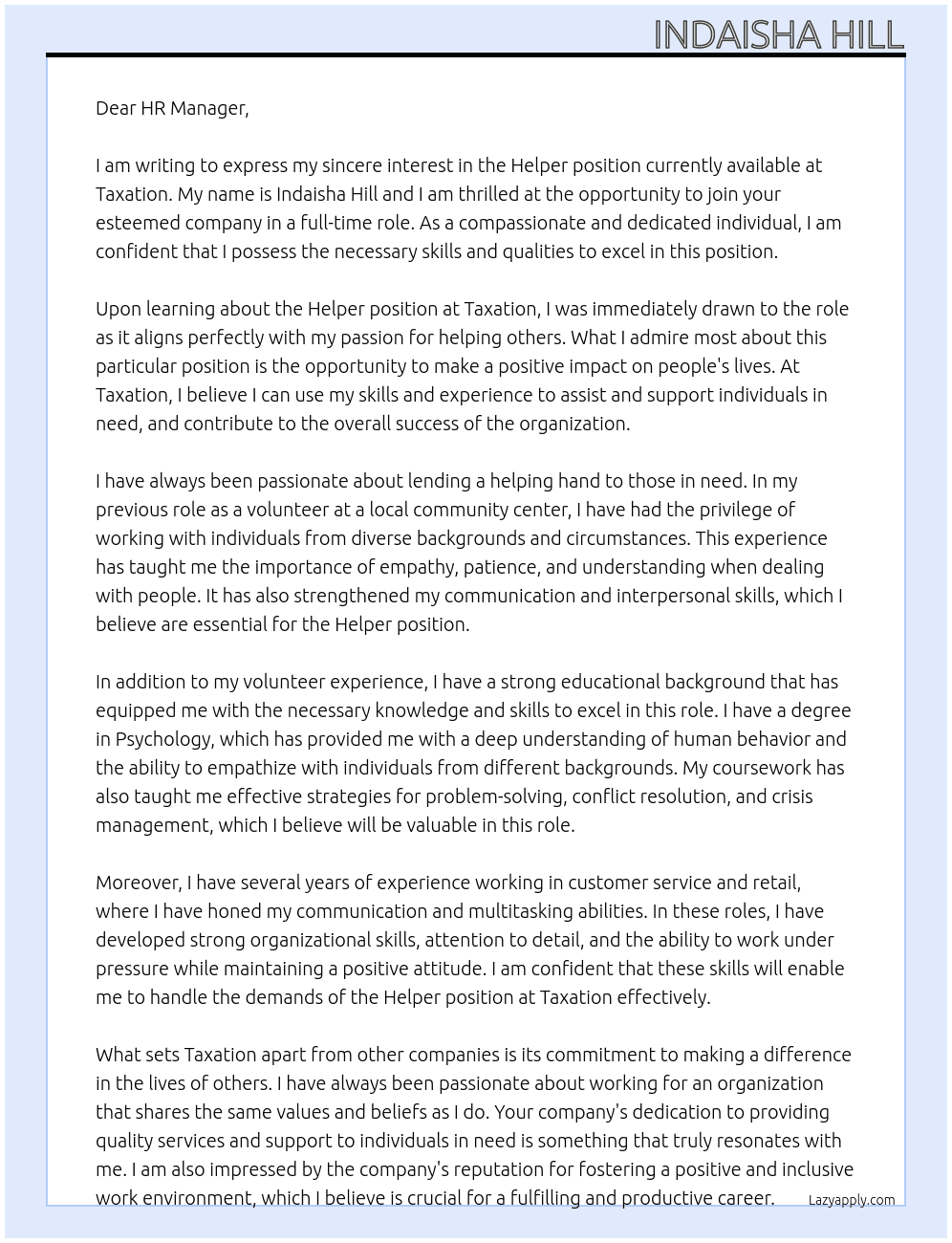 Helper At Taxation Cover Letter