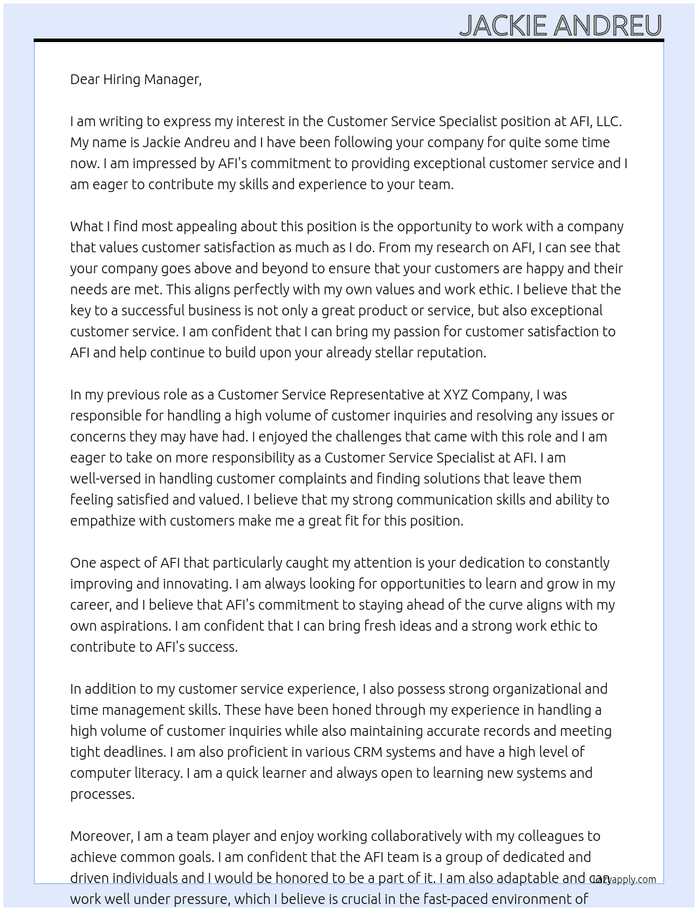 Customer Service Specialist At AFI, LLC Cover Letter
