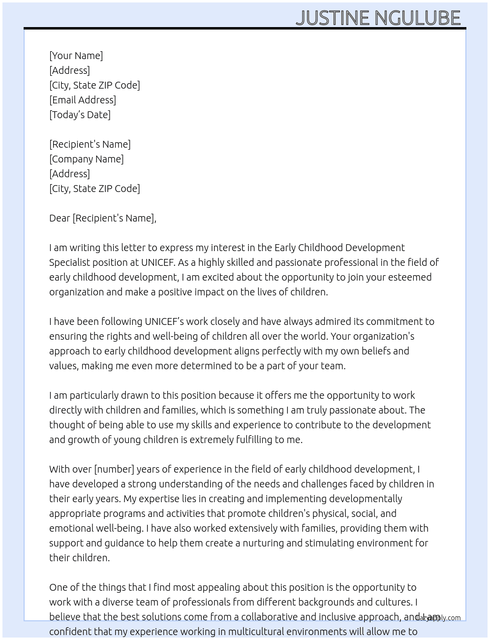 Cover letter for early childhood development specialist - LazyApply