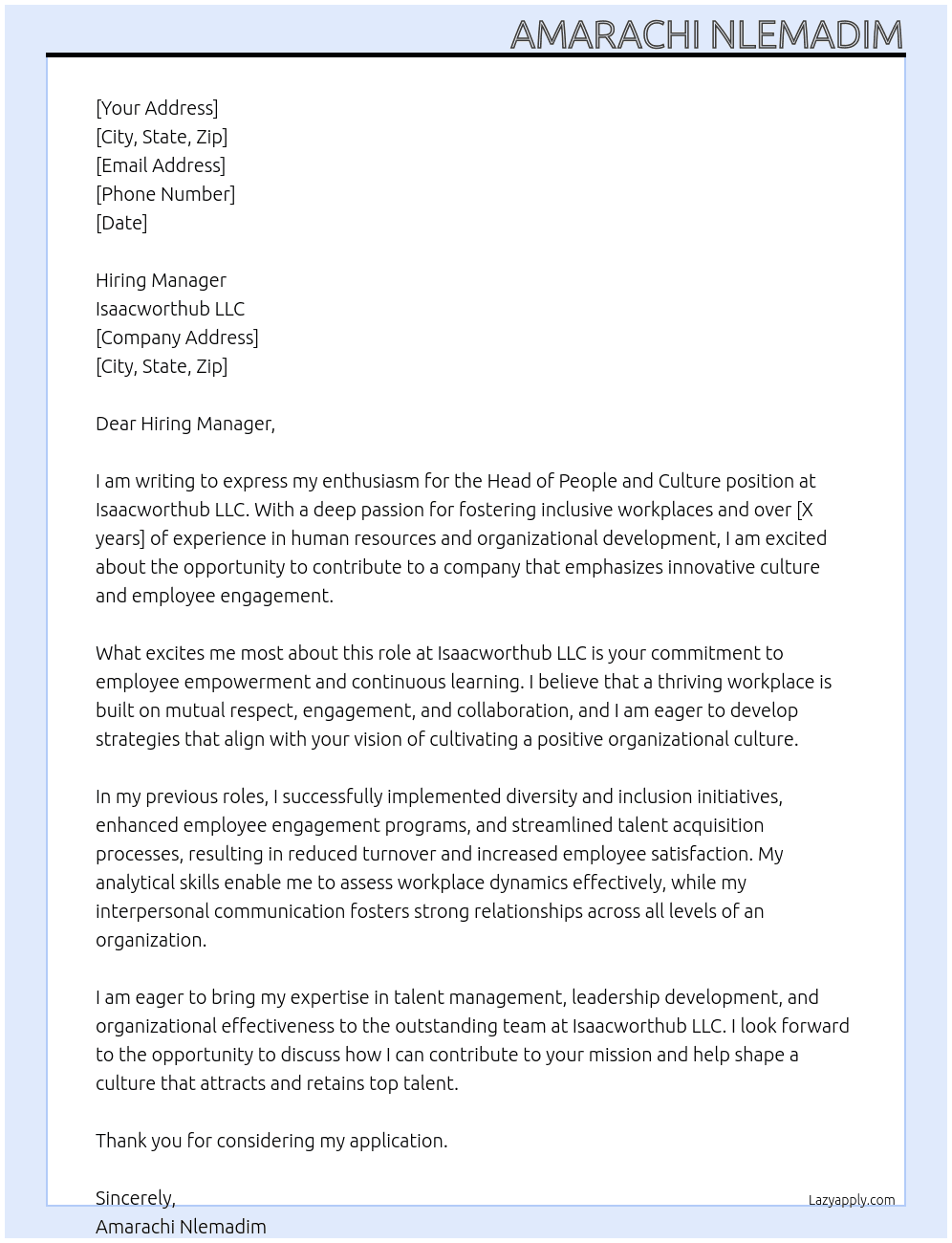HEAD PEOPLE AND CULTURE At Isaacworthub LLC, Cover Letter
