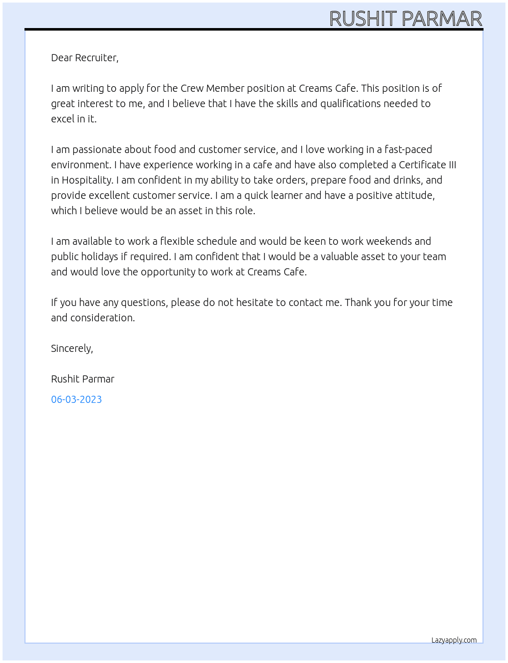 Crew Member At Creams Cafe Cover Letter
