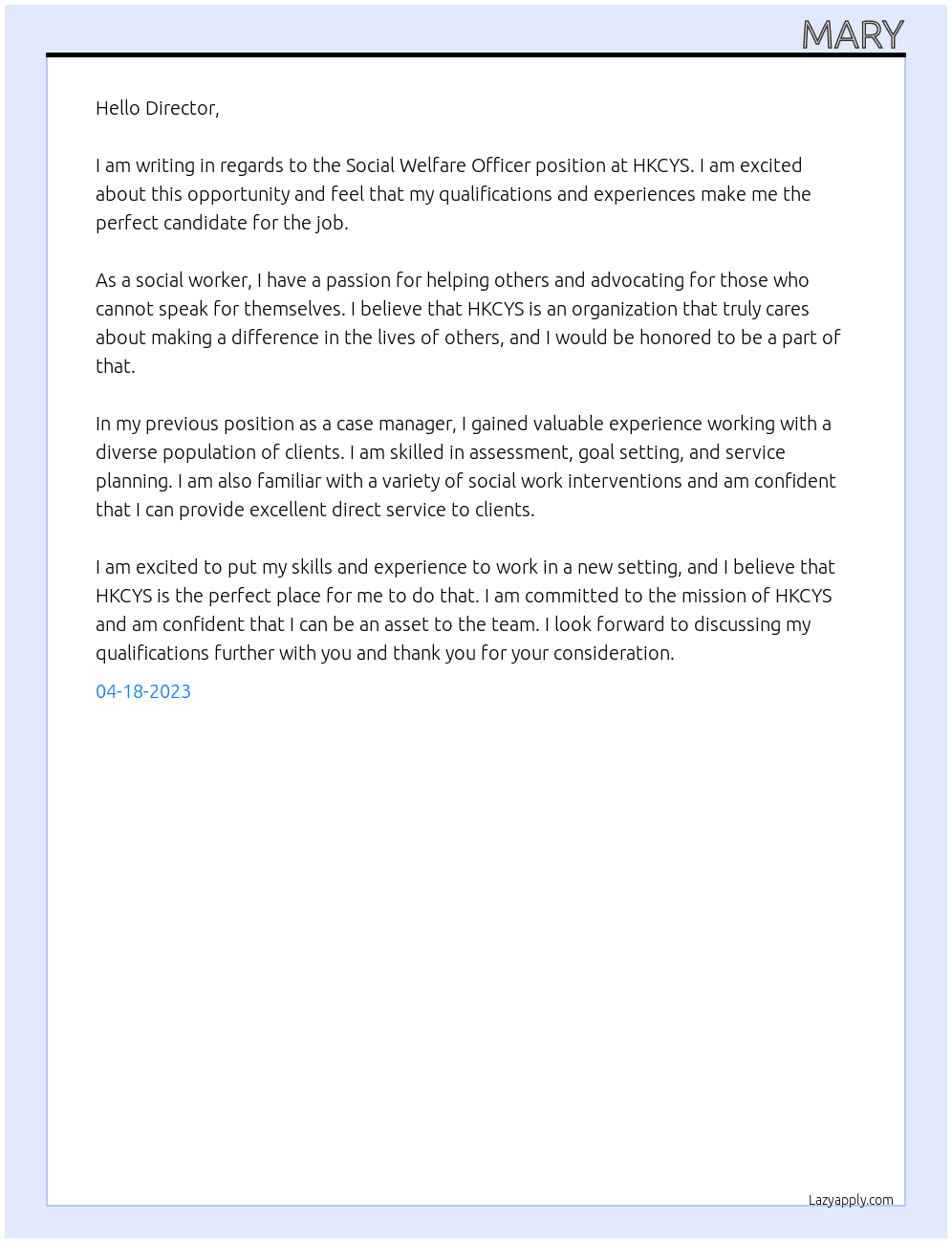 SWO At HKCYS Cover Letter