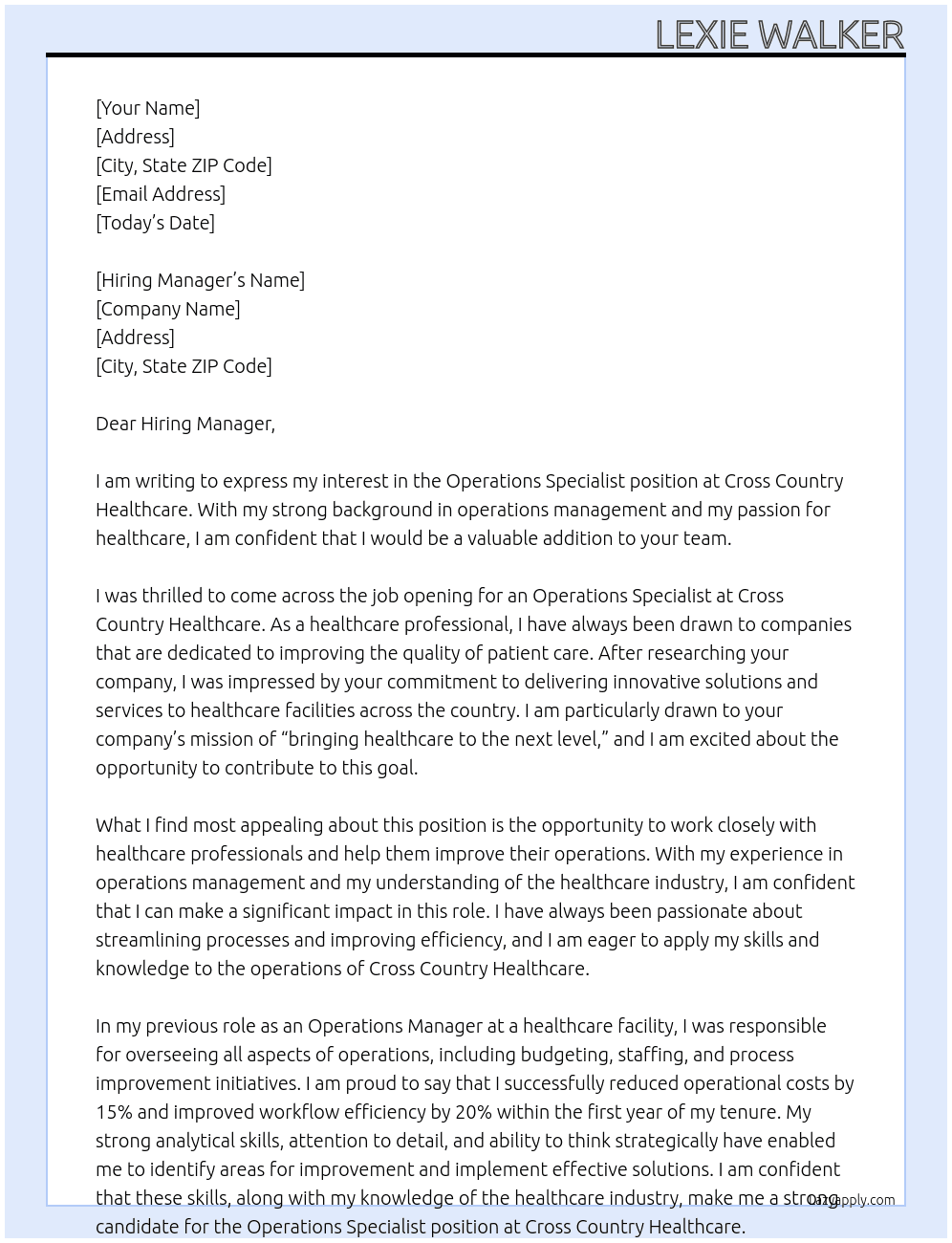 Operations Specialist At Cross Country Healthcare Cover Letter