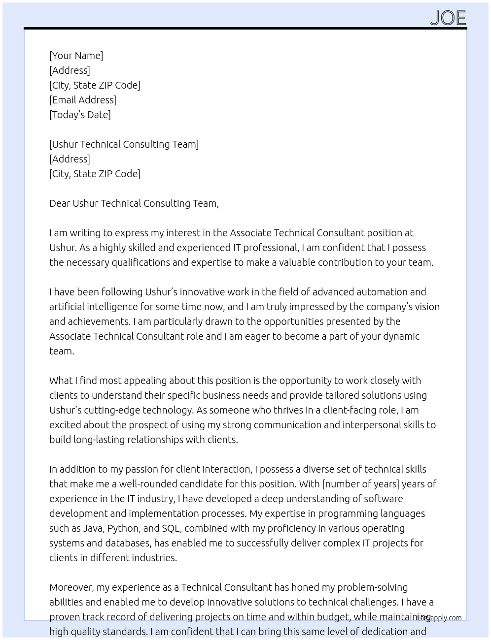 Associate Technical Consultant At Ushur Cover Letter