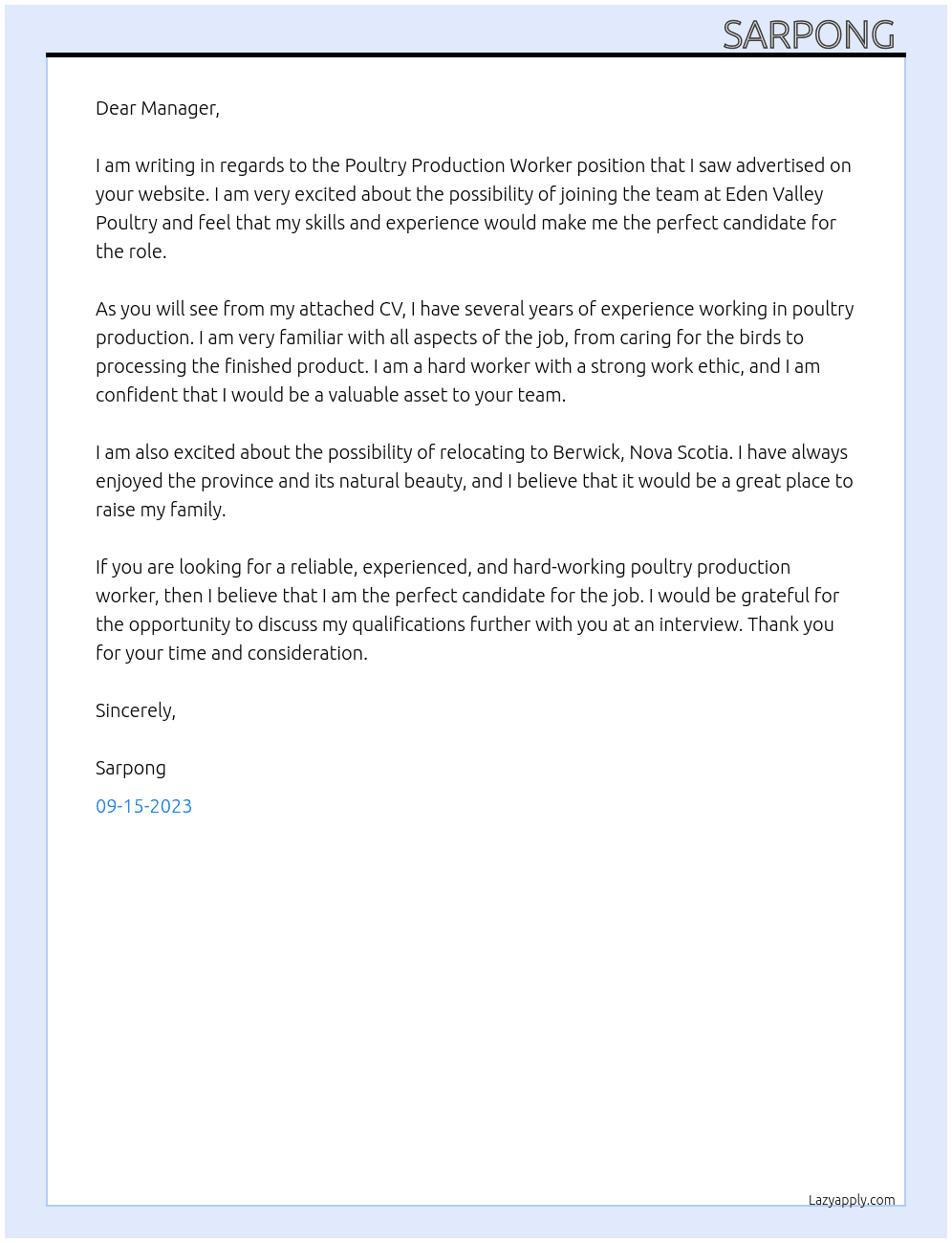 POULTRY PRODUCTION WORKER At Eden Valley Poultry Cover Letter