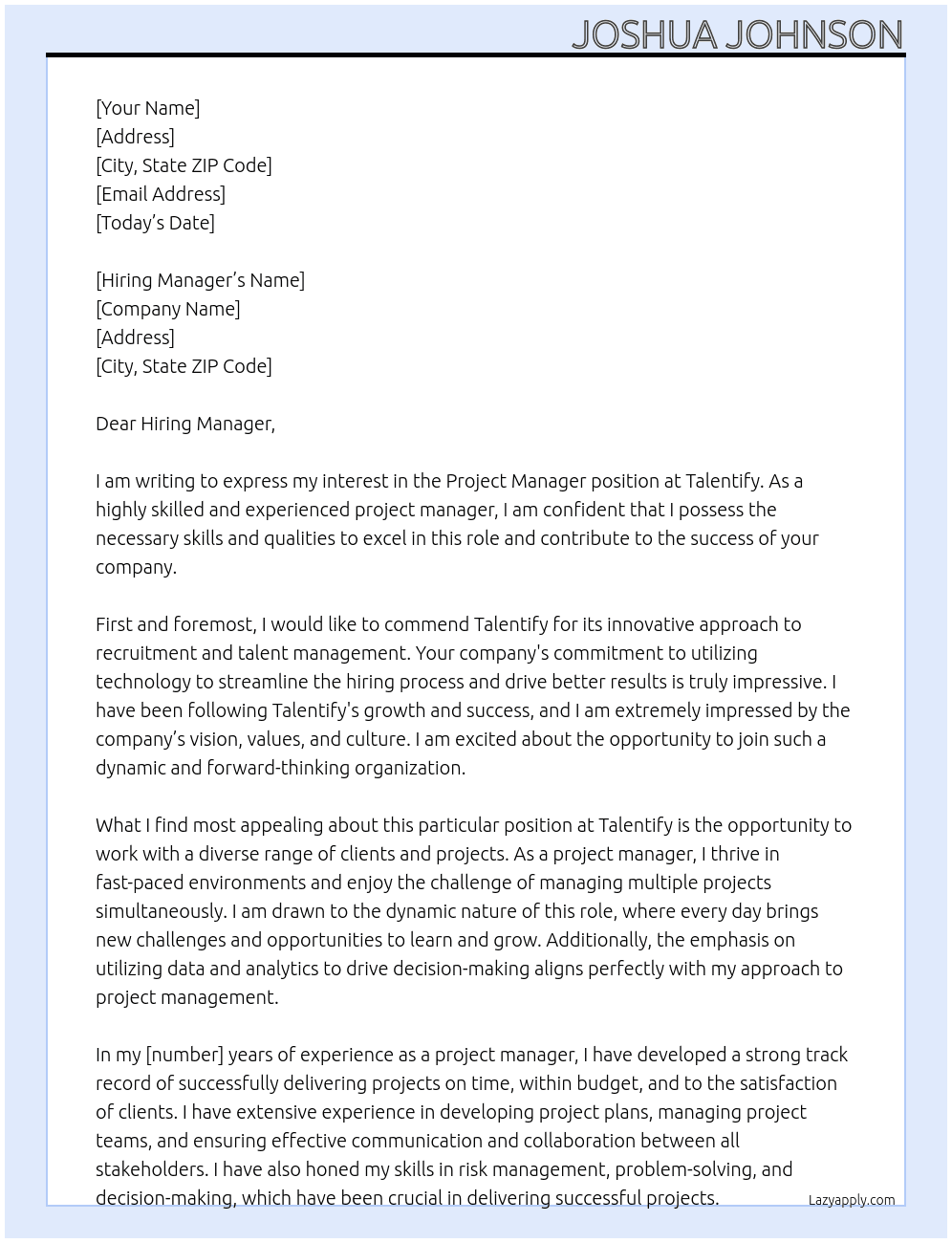 Project Mangager At Talentify Cover Letter