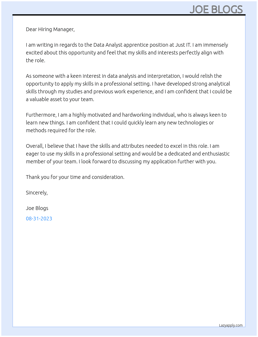 Data Analyst apprentice  At Just IT Cover Letter
