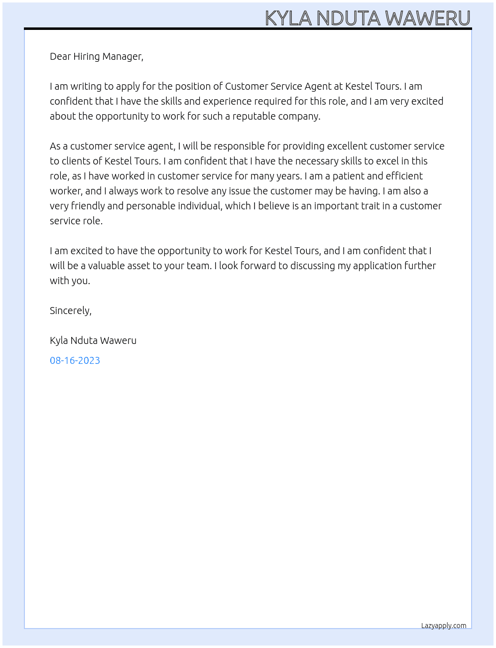 CUSTOMER SERVICE AGENT At Kestel Tours Cover Letter