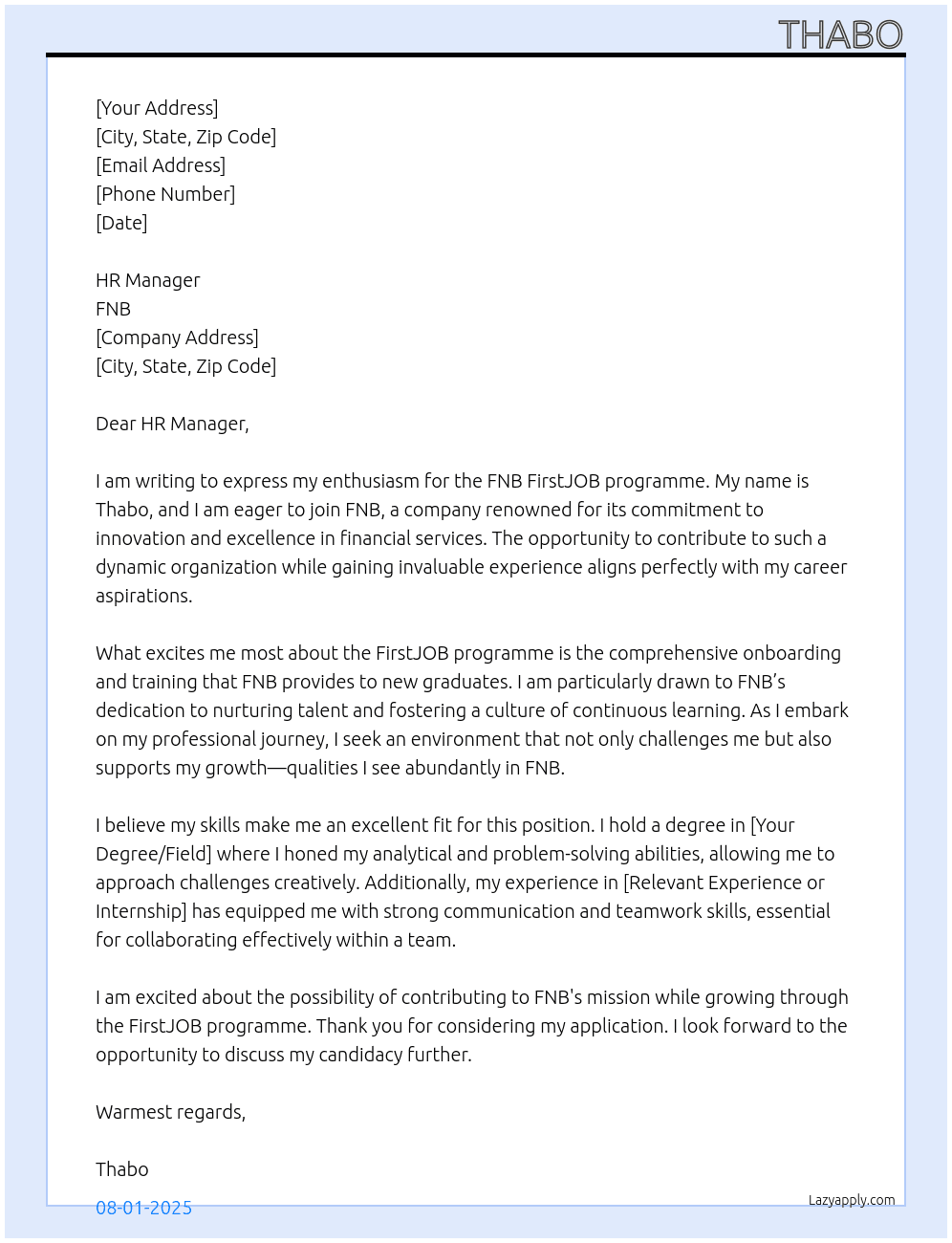 FNB FirstJOB programme At FNB Cover Letter