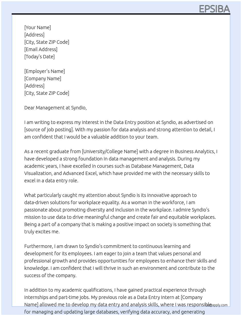 Data entry  At Syndio Cover Letter